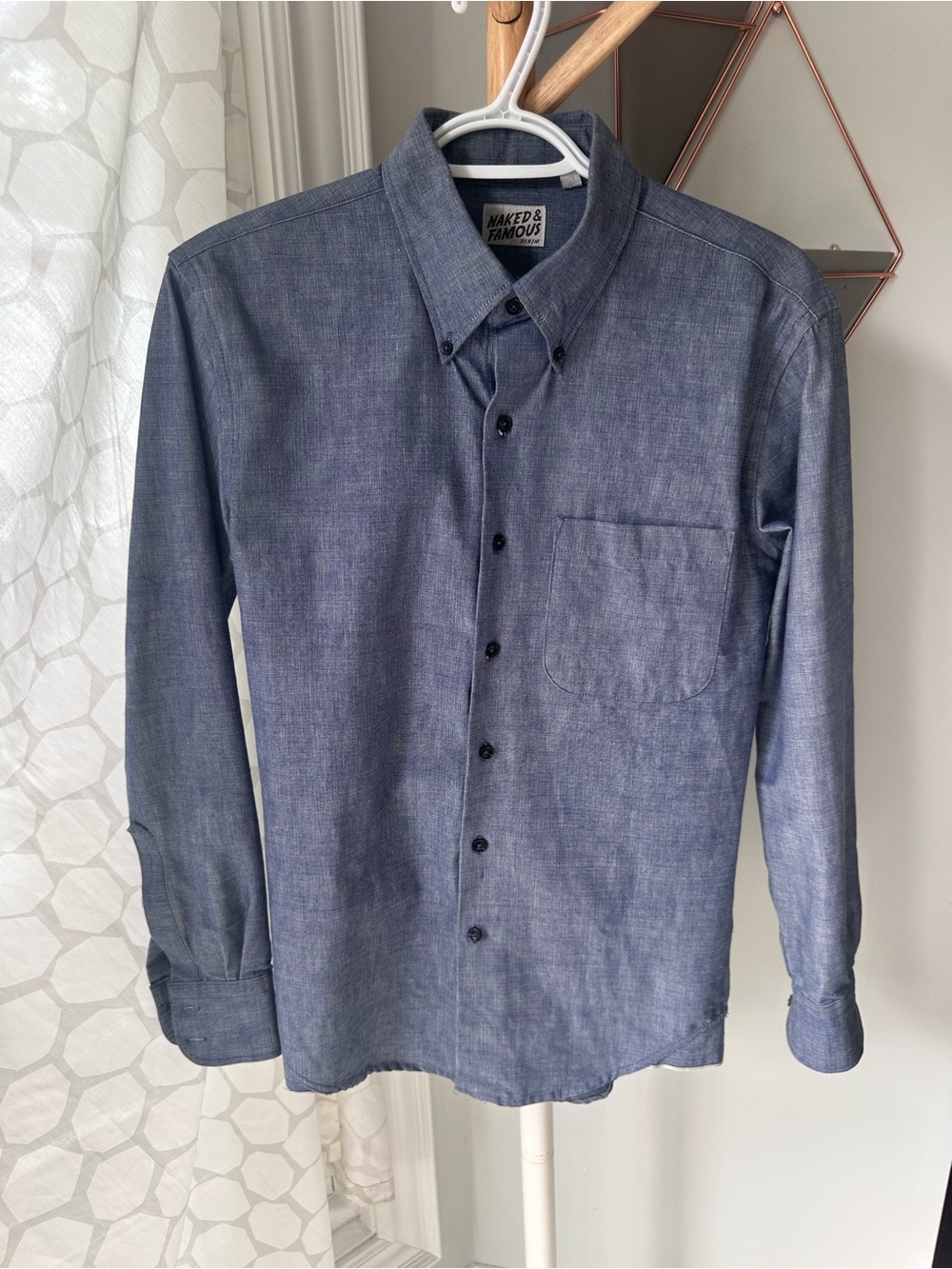 NAKED AND FAMOUS DENIM Size Small Blue Jean Button down shirt Made in Canada